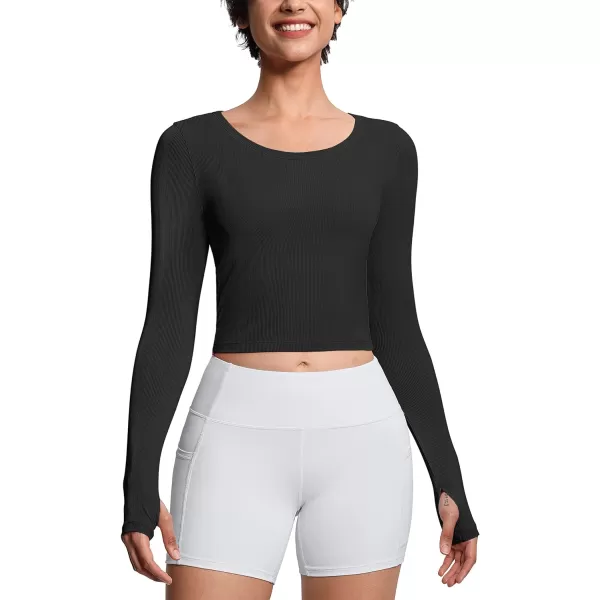 THE GYM PEOPLE Womens Long Sleeve Crop Tops Ribbed Ice Silk Slim Workout Shirts with Thumb HoleBlack