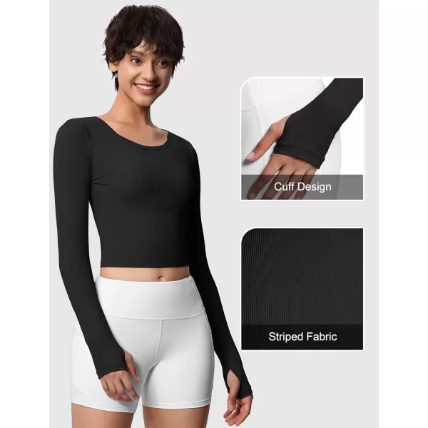 THE GYM PEOPLE Womens Long Sleeve Crop Tops Ribbed Ice Silk Slim Workout Shirts with Thumb HoleBlack
