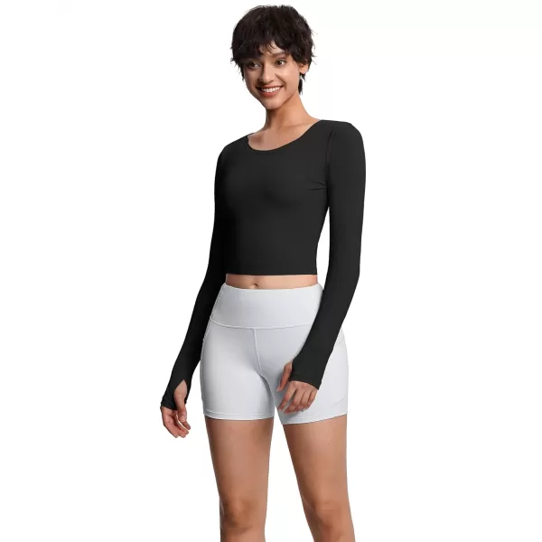 THE GYM PEOPLE Womens Long Sleeve Crop Tops Ribbed Ice Silk Slim Workout Shirts with Thumb HoleBlack