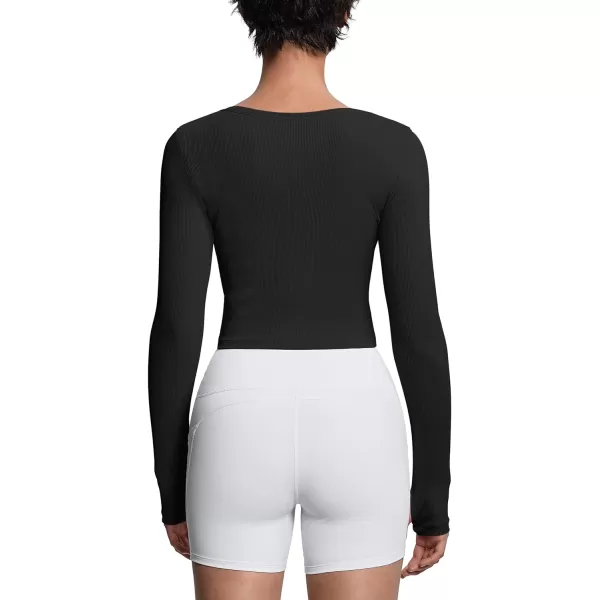 THE GYM PEOPLE Womens Long Sleeve Crop Tops Ribbed Ice Silk Slim Workout Shirts with Thumb HoleBlack