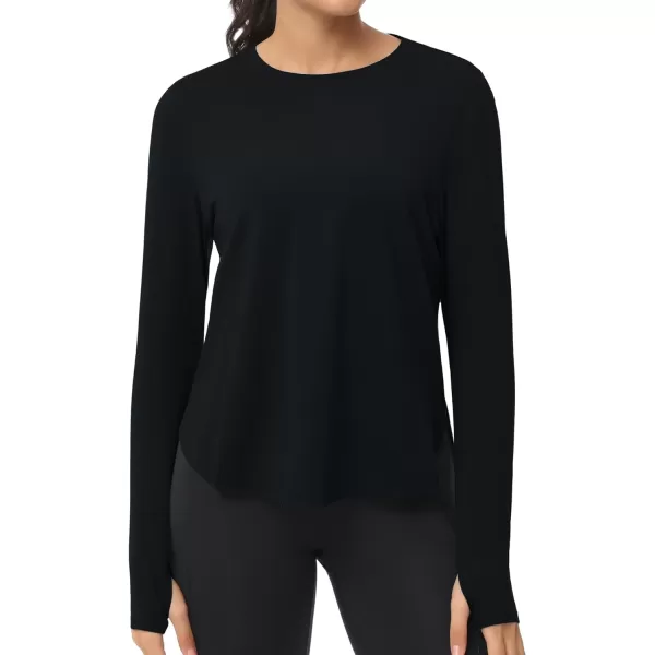 THE GYM PEOPLE Womens Long Sleeve Workout Shirts Lightweight Cotton Running Yoga Tops with Thumb HoleBlack