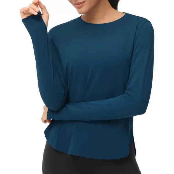 THE GYM PEOPLE Womens Long Sleeve Workout Shirts Lightweight Cotton Running Yoga Tops with Thumb HoleDark Blue Green
