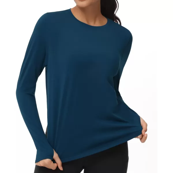 THE GYM PEOPLE Womens Long Sleeve Workout Shirts Lightweight Cotton Running Yoga Tops with Thumb HoleDark Blue Green