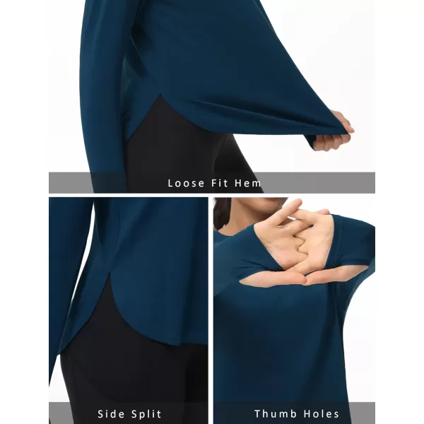 THE GYM PEOPLE Womens Long Sleeve Workout Shirts Lightweight Cotton Running Yoga Tops with Thumb HoleDark Blue Green