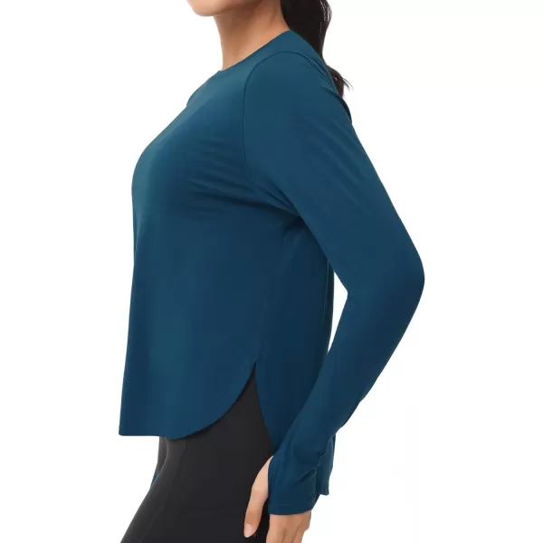 THE GYM PEOPLE Womens Long Sleeve Workout Shirts Lightweight Cotton Running Yoga Tops with Thumb HoleDark Blue Green