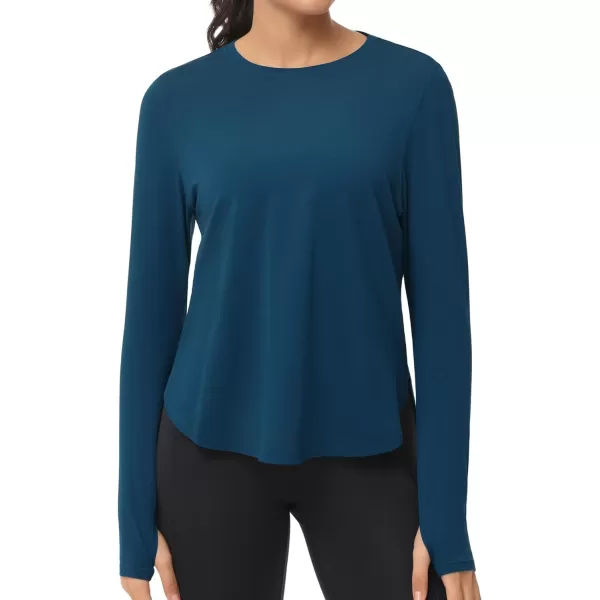 THE GYM PEOPLE Womens Long Sleeve Workout Shirts Lightweight Cotton Running Yoga Tops with Thumb HoleDark Blue Green
