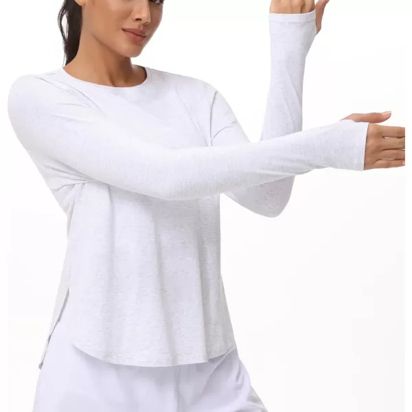 THE GYM PEOPLE Womens Long Sleeve Workout Shirts Lightweight Cotton Running Yoga Tops with Thumb HoleHeather White
