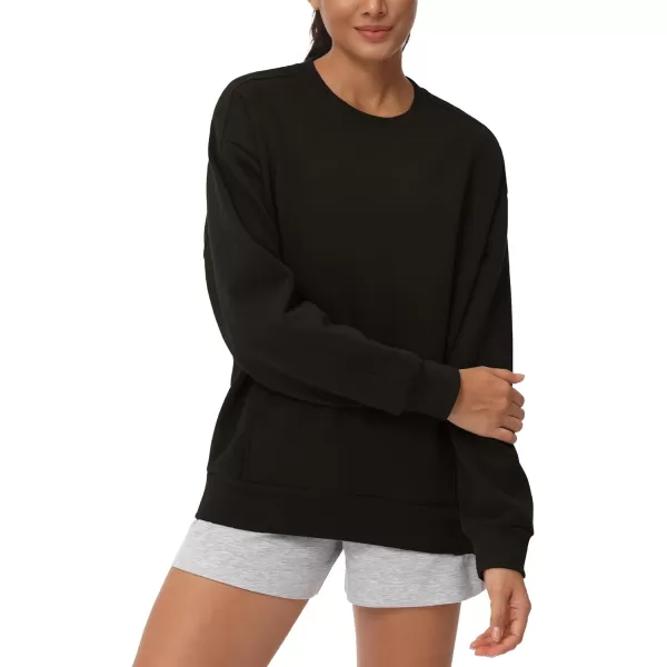 THE GYM PEOPLE Womens Loose Fit Sweatshirt Long Sleeve Crewneck Cotton Boxy Fall Workout Pullover Tops with PocketsBlack