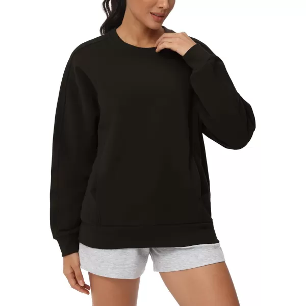 THE GYM PEOPLE Womens Loose Fit Sweatshirt Long Sleeve Crewneck Cotton Boxy Fall Workout Pullover Tops with PocketsBlack