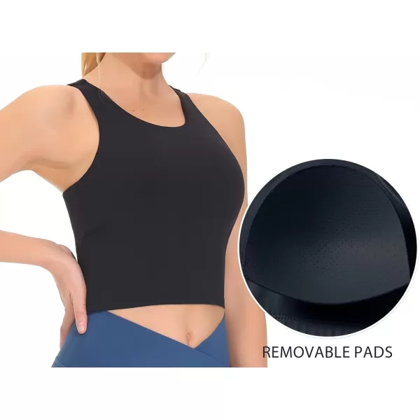 THE GYM PEOPLE Womens Racerback Longline Sports Bra Removable Padded High Neck Workout Yoga Crop TopsBlack