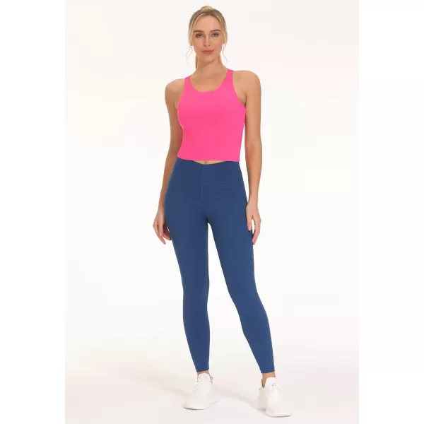 THE GYM PEOPLE Womens Racerback Longline Sports Bra Removable Padded High Neck Workout Yoga Crop TopsBright Pink