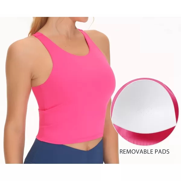 THE GYM PEOPLE Womens Racerback Longline Sports Bra Removable Padded High Neck Workout Yoga Crop TopsBright Pink