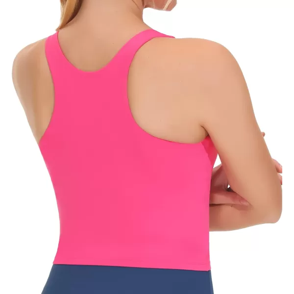 THE GYM PEOPLE Womens Racerback Longline Sports Bra Removable Padded High Neck Workout Yoga Crop TopsBright Pink