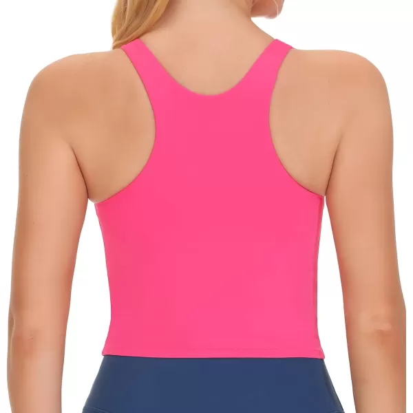 THE GYM PEOPLE Womens Racerback Longline Sports Bra Removable Padded High Neck Workout Yoga Crop TopsBright Pink