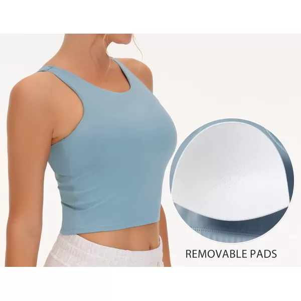 THE GYM PEOPLE Womens Racerback Longline Sports Bra Removable Padded High Neck Workout Yoga Crop TopsDenim Blue
