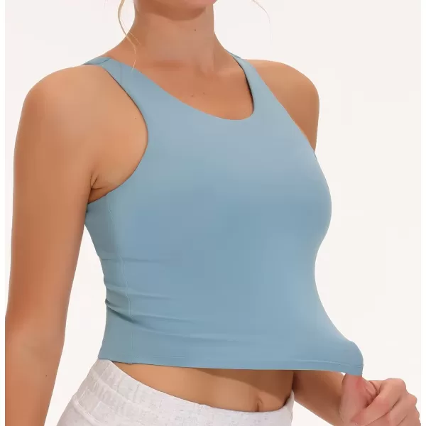 THE GYM PEOPLE Womens Racerback Longline Sports Bra Removable Padded High Neck Workout Yoga Crop TopsDenim Blue