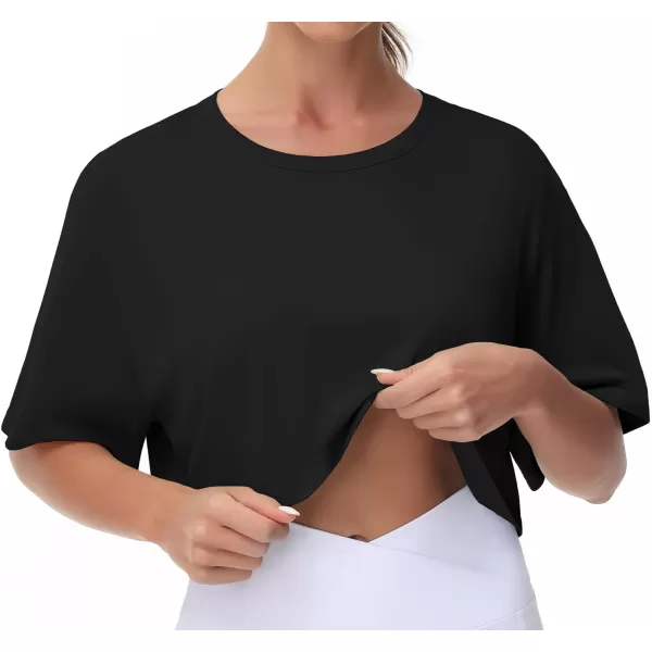 THE GYM PEOPLE Womens Workout Crop Tops Short Sleeve Boxy Oversized TShirts with PocketsBlack