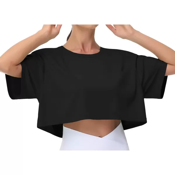 THE GYM PEOPLE Womens Workout Crop Tops Short Sleeve Boxy Oversized TShirts with PocketsBlack