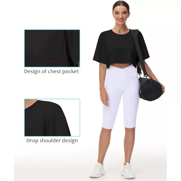 THE GYM PEOPLE Womens Workout Crop Tops Short Sleeve Boxy Oversized TShirts with PocketsBlack