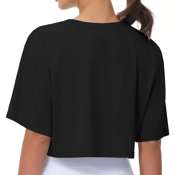 THE GYM PEOPLE Womens Workout Crop Tops Short Sleeve Boxy Oversized TShirts with PocketsBlack