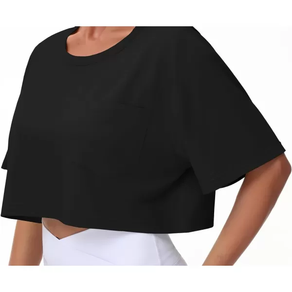 THE GYM PEOPLE Womens Workout Crop Tops Short Sleeve Boxy Oversized TShirts with PocketsBlack