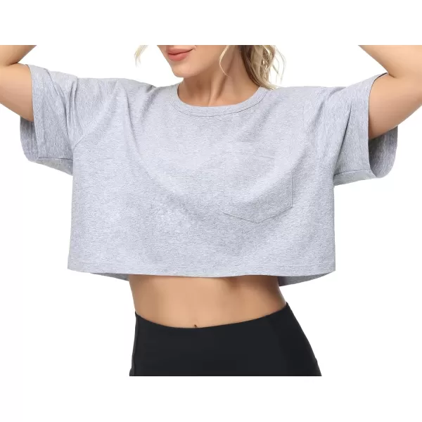 THE GYM PEOPLE Womens Workout Crop Tops Short Sleeve Boxy Oversized TShirts with PocketsHeather Grey