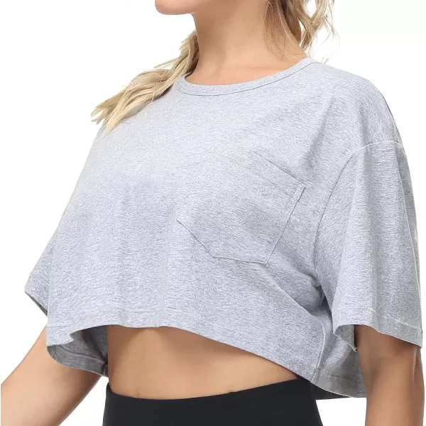 THE GYM PEOPLE Womens Workout Crop Tops Short Sleeve Boxy Oversized TShirts with PocketsHeather Grey