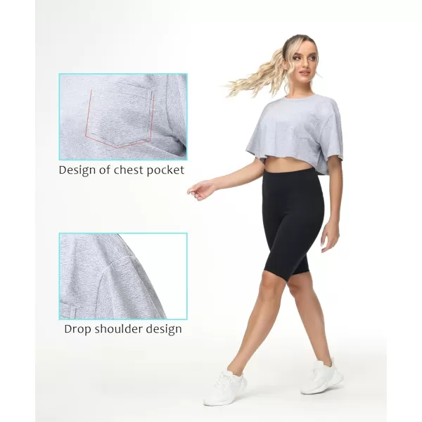 THE GYM PEOPLE Womens Workout Crop Tops Short Sleeve Boxy Oversized TShirts with PocketsHeather Grey