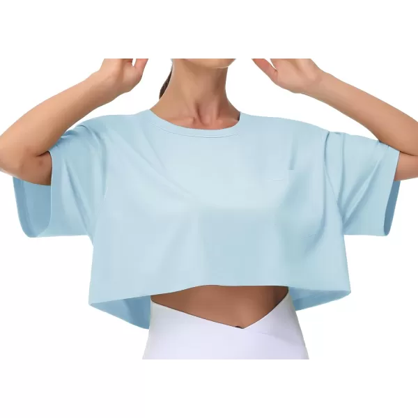 THE GYM PEOPLE Womens Workout Crop Tops Short Sleeve Boxy Oversized TShirts with PocketsLight Blue