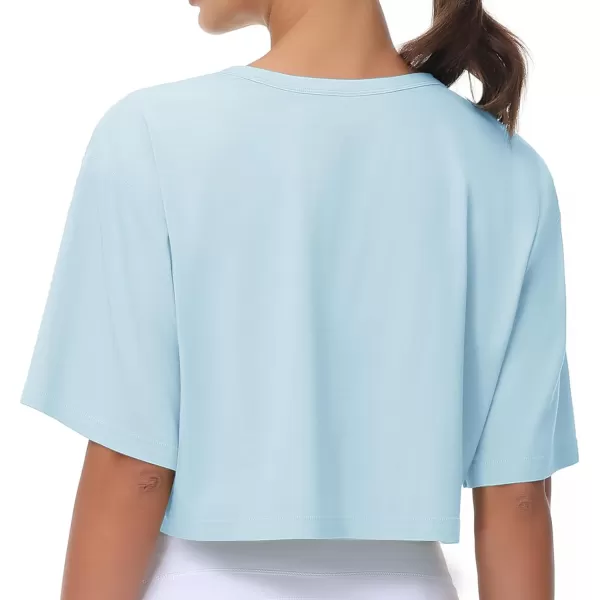 THE GYM PEOPLE Womens Workout Crop Tops Short Sleeve Boxy Oversized TShirts with PocketsLight Blue