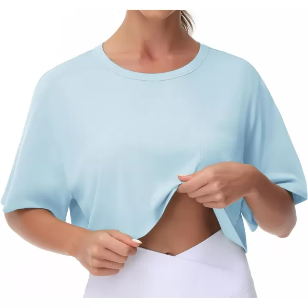 THE GYM PEOPLE Womens Workout Crop Tops Short Sleeve Boxy Oversized TShirts with PocketsLight Blue