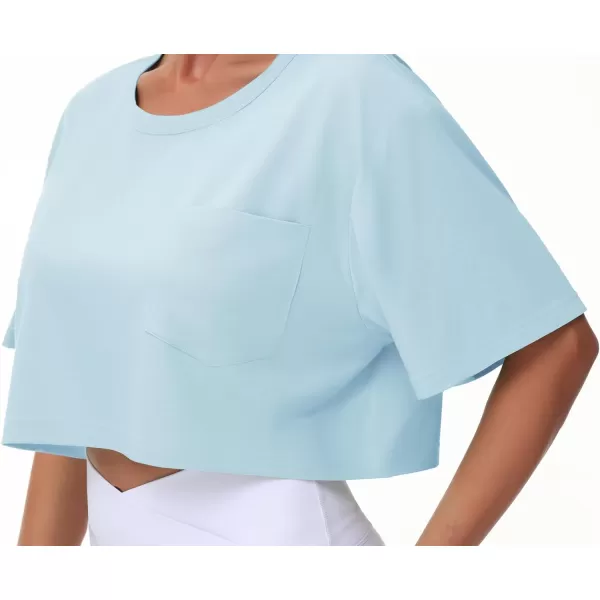 THE GYM PEOPLE Womens Workout Crop Tops Short Sleeve Boxy Oversized TShirts with PocketsLight Blue