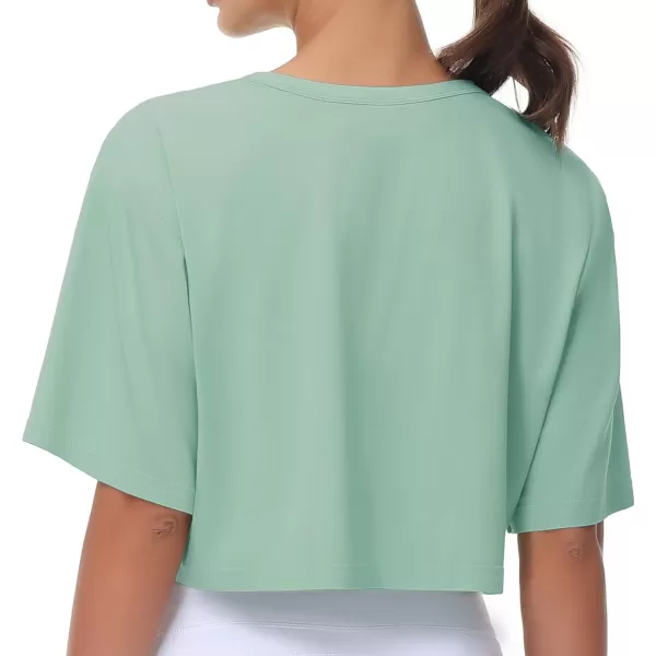 THE GYM PEOPLE Womens Workout Crop Tops Short Sleeve Boxy Oversized TShirts with PocketsLight Green