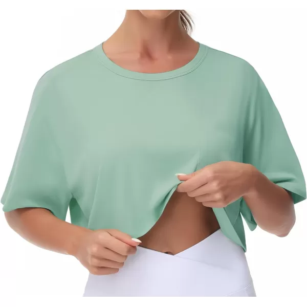 THE GYM PEOPLE Womens Workout Crop Tops Short Sleeve Boxy Oversized TShirts with PocketsLight Green