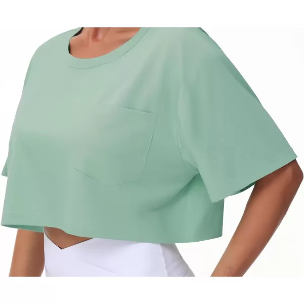 THE GYM PEOPLE Womens Workout Crop Tops Short Sleeve Boxy Oversized TShirts with PocketsLight Green