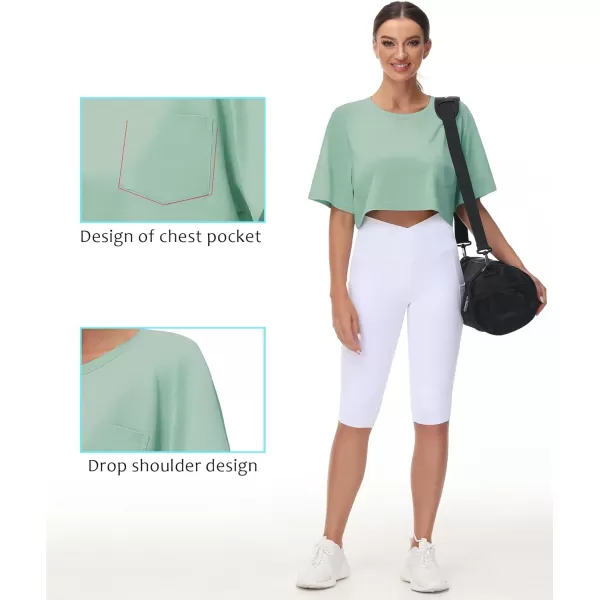 THE GYM PEOPLE Womens Workout Crop Tops Short Sleeve Boxy Oversized TShirts with PocketsLight Green