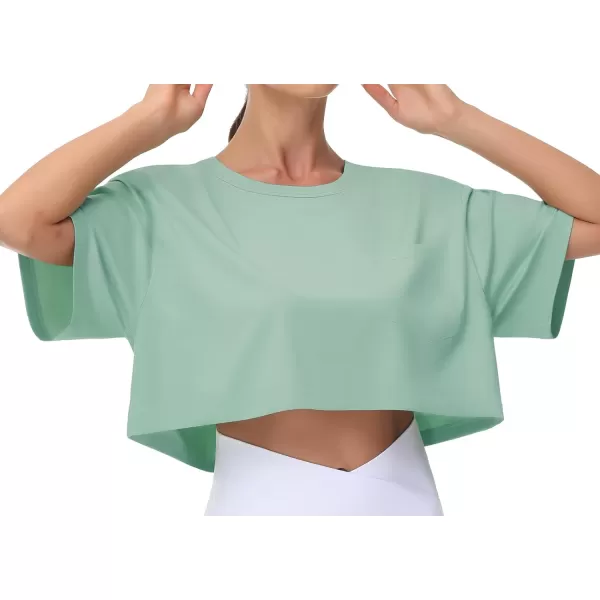 THE GYM PEOPLE Womens Workout Crop Tops Short Sleeve Boxy Oversized TShirts with PocketsLight Green