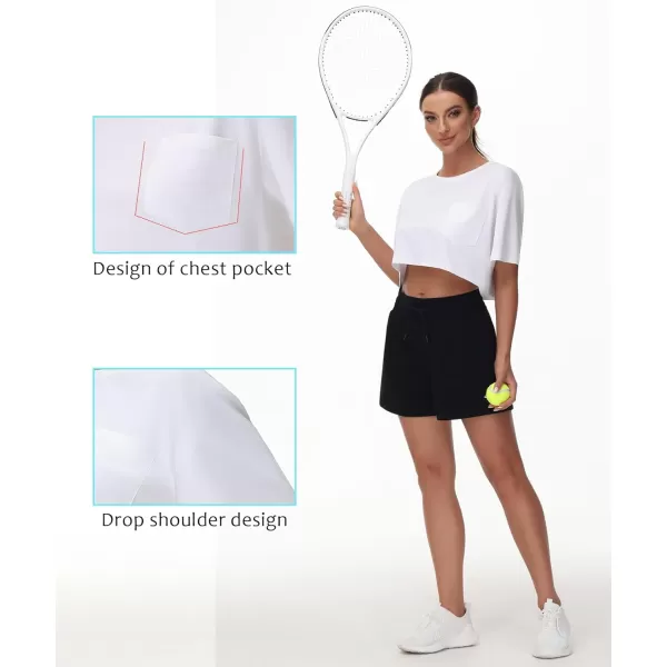 THE GYM PEOPLE Womens Workout Crop Tops Short Sleeve Boxy Oversized TShirts with PocketsWhite