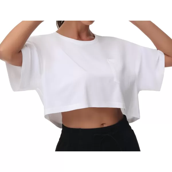 THE GYM PEOPLE Womens Workout Crop Tops Short Sleeve Boxy Oversized TShirts with PocketsWhite