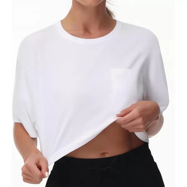 THE GYM PEOPLE Womens Workout Crop Tops Short Sleeve Boxy Oversized TShirts with PocketsWhite