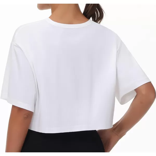 THE GYM PEOPLE Womens Workout Crop Tops Short Sleeve Boxy Oversized TShirts with PocketsWhite