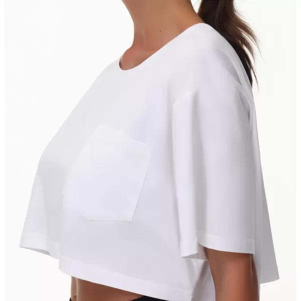 THE GYM PEOPLE Womens Workout Crop Tops Short Sleeve Boxy Oversized TShirts with PocketsWhite