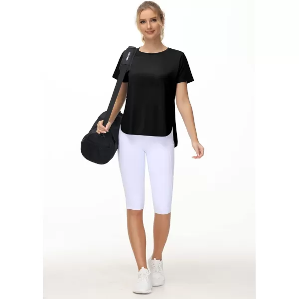 THE GYM PEOPLE Womens Workout TShirts Loose Fit Short Sleeve Cotton Running Basic Tee Tops with Split HemBlack