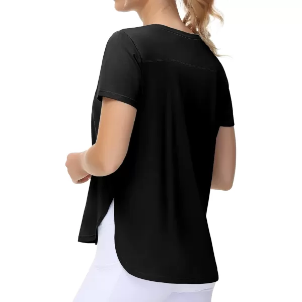 THE GYM PEOPLE Womens Workout TShirts Loose Fit Short Sleeve Cotton Running Basic Tee Tops with Split HemBlack