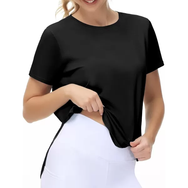 THE GYM PEOPLE Womens Workout TShirts Loose Fit Short Sleeve Cotton Running Basic Tee Tops with Split HemBlack