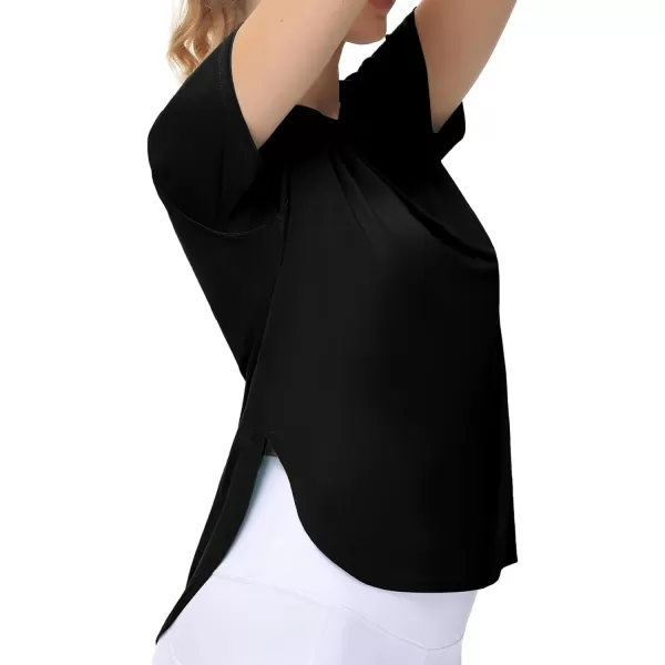 THE GYM PEOPLE Womens Workout TShirts Loose Fit Short Sleeve Cotton Running Basic Tee Tops with Split HemBlack