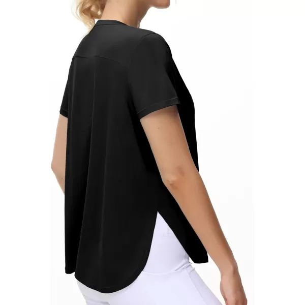 THE GYM PEOPLE Womens Workout TShirts Loose Fit Short Sleeve Cotton Running Basic Tee Tops with Split HemBlack