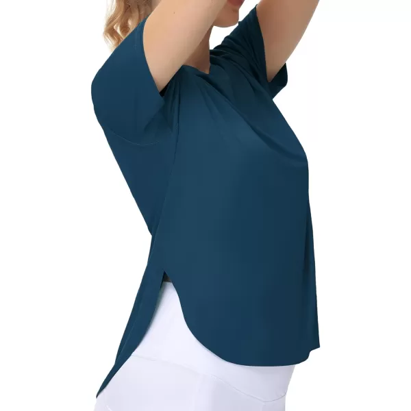 THE GYM PEOPLE Womens Workout TShirts Loose Fit Short Sleeve Cotton Running Basic Tee Tops with Split HemDark Blue Green