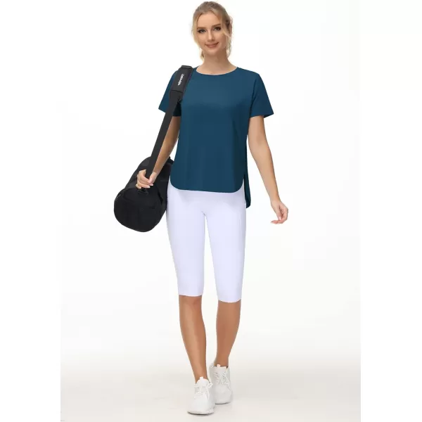 THE GYM PEOPLE Womens Workout TShirts Loose Fit Short Sleeve Cotton Running Basic Tee Tops with Split HemDark Blue Green