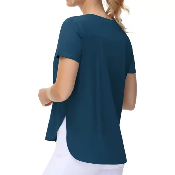THE GYM PEOPLE Womens Workout TShirts Loose Fit Short Sleeve Cotton Running Basic Tee Tops with Split HemDark Blue Green